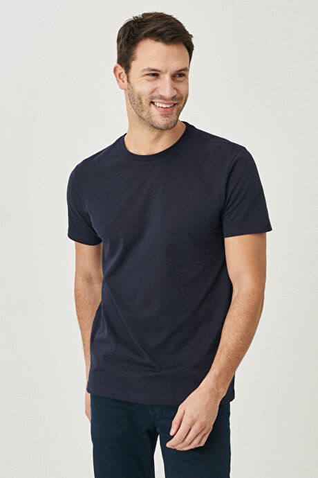 Slim Fit Slim Fit Crew Neck 100% Cotton Short Sleeve Navy Blue T-Shirt 4A4800000001LAC