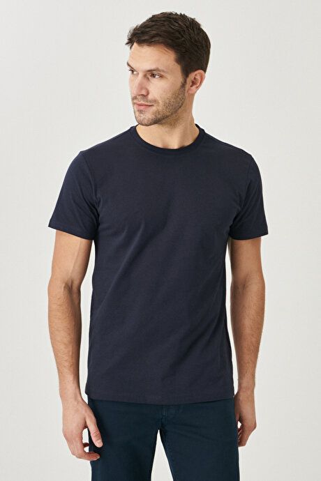 Slim Fit Slim Fit Crew Neck 100% Cotton Short Sleeve Navy Blue T-Shirt 4A4800000001LAC