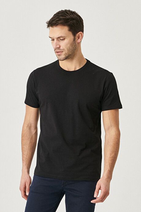 Slim Fit Slim Fit Crew Neck 100% Cotton Short Sleeve Black T-Shirt 4A4800000001SYH