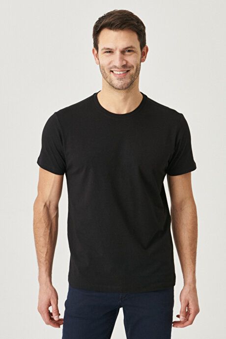 Slim Fit Slim Fit Crew Neck 100% Cotton Short Sleeve Black T-Shirt 4A4800000001SYH