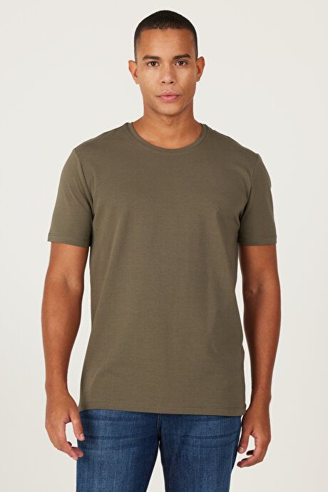 360 Degree Stretchy Slim Fit Crew Neck Khaki T-Shirt 4A4800000011HAK