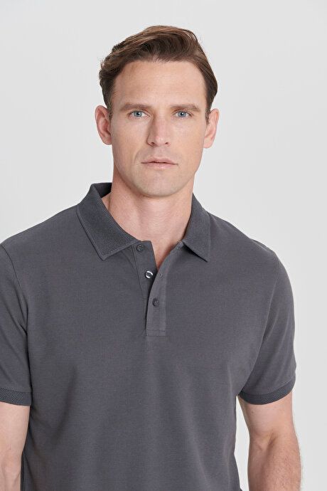 100% Cotton Untwistable Pique Polo Collar Slim Fit Tight Fit Anthracite T-Shirt 4A4820200001ATR