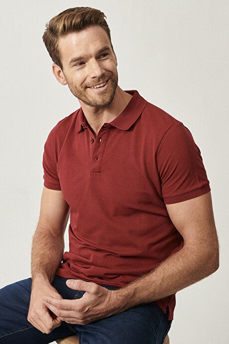 100% Cotton Untwistable Pique Polo Collar Slim Fit Slim Fit Burgundy T-Shirt 4A4820200001BRD