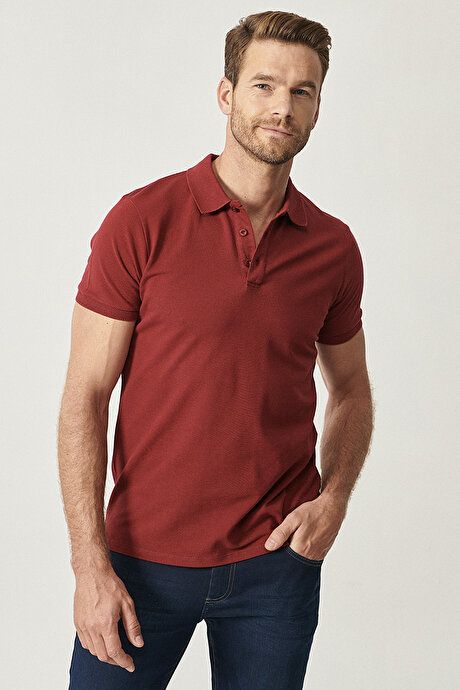 100% Cotton Untwistable Pique Polo Collar Slim Fit Slim Fit Burgundy T-Shirt 4A4820200001BRD