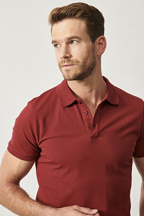 100% Cotton Untwistable Pique Polo Collar Slim Fit Slim Fit Burgundy T-Shirt 4A4820200001BRD