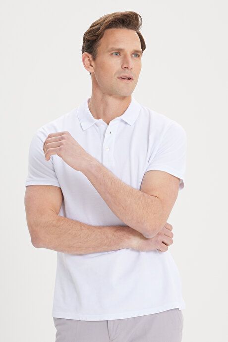 100% Cotton Untwistable Pique Polo Collar Slim Fit White T-Shirt 4A4820200001BYZ