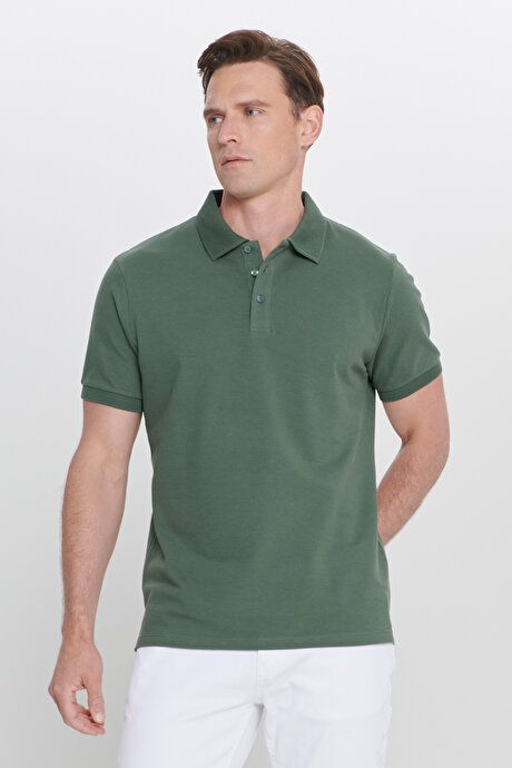 100% Cotton Untwistable Pique Polo Collar Slim Fit Slim Fit Khaki T-Shirt 4A4820200001HAK