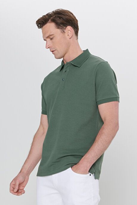 100% Cotton Untwistable Pique Polo Collar Slim Fit Slim Fit Khaki T-Shirt 4A4820200001HAK