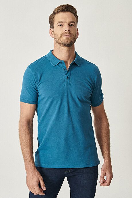 100% Cotton Untwist Pique Polo Collar Slim Fit Tight Fit Airman Blue T-Shirt 4A4820200001HVM