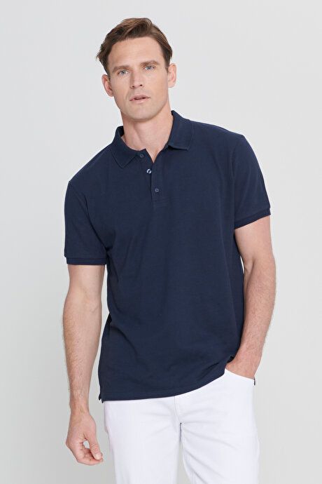 100% Cotton Untwistable Pique Polo Collar Slim Fit Slim Fit Prussian Navy Blue T-Shirt 4A4820200001PLC