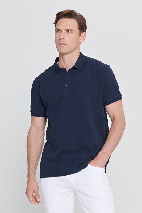 100% Cotton Untwistable Pique Polo Collar Slim Fit Slim Fit Prussian Navy Blue T-Shirt 4A4820200001PLC