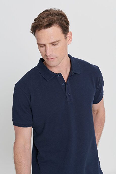 100% Cotton Untwistable Pique Polo Collar Slim Fit Slim Fit Prussian Navy Blue T-Shirt 4A4820200001PLC