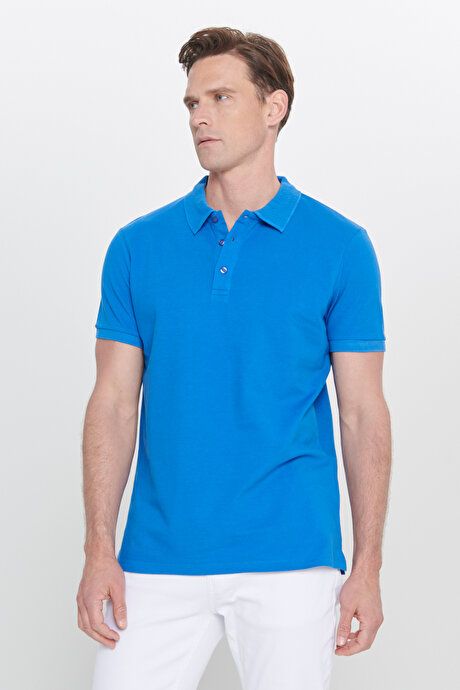 100% Cotton Untwistable Pique Polo Collar Slim Fit Slim Fit Royal Blue T-Shirt 4A4820200001ROM