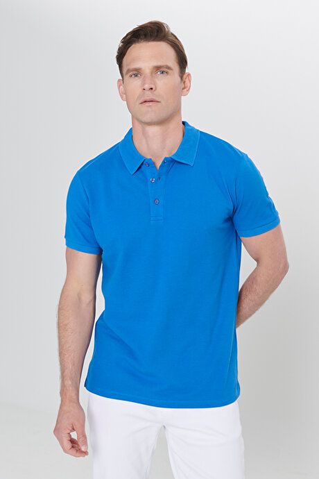 100% Cotton Untwistable Pique Polo Collar Slim Fit Slim Fit Royal Blue T-Shirt 4A4820200001ROM