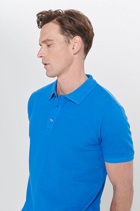 100% Cotton Untwistable Pique Polo Collar Slim Fit Slim Fit Royal Blue T-Shirt 4A4820200001ROM