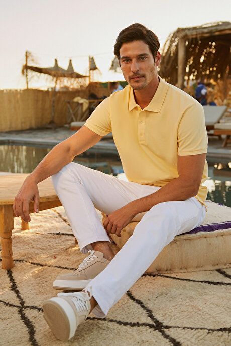 100% Cotton Untwistable Pique Polo Collar Slim Fit Slim Fit Yellow T-Shirt 4A4820200001SAR