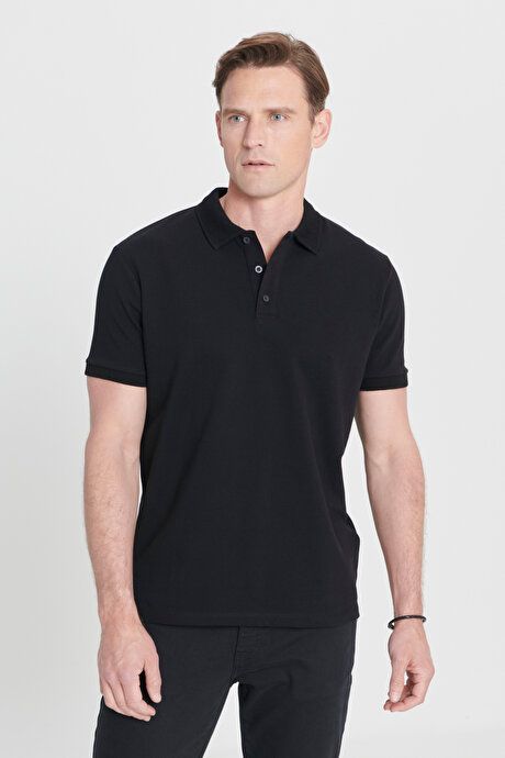 100% Cotton Untwistable Pique Polo Collar Slim Fit Slim Fit Black T-Shirt 4A4820200001SYH