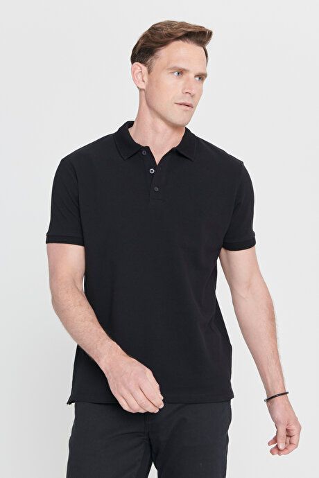 100% Cotton Untwistable Pique Polo Collar Slim Fit Slim Fit Black T-Shirt 4A4820200001SYH