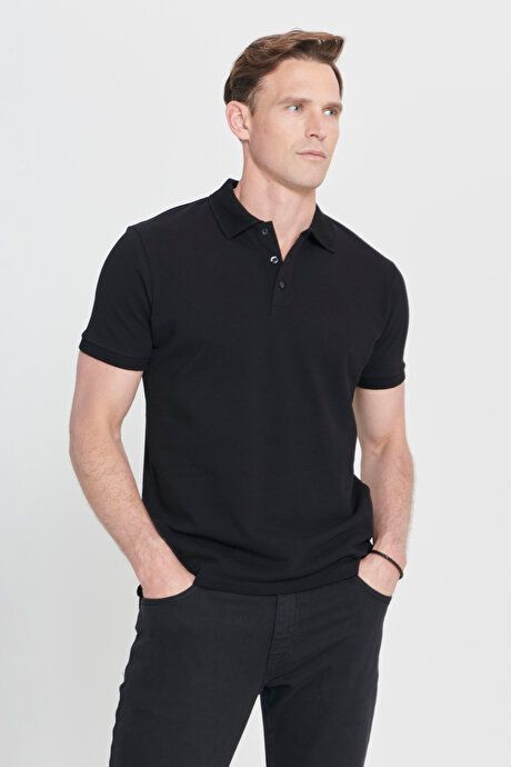 100% Cotton Untwistable Pique Polo Collar Slim Fit Slim Fit Black T-Shirt 4A4820200001SYH