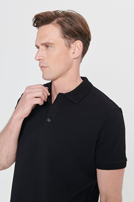 100% Cotton Untwistable Pique Polo Collar Slim Fit Slim Fit Black T-Shirt 4A4820200001SYH