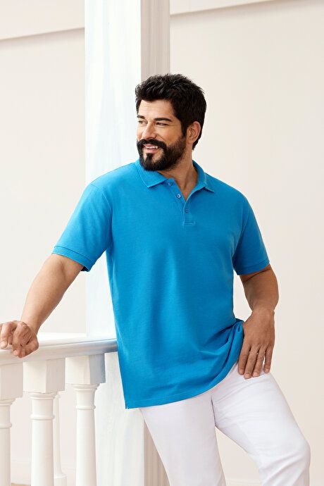 100% Cotton Untwistable Pique Polo Collar Slim Fit Turquoise T-Shirt 4A4820200001TRK