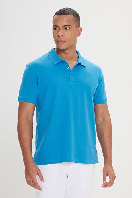 100% Cotton Untwistable Pique Polo Collar Slim Fit Turquoise T-Shirt 4A4820200001TRK