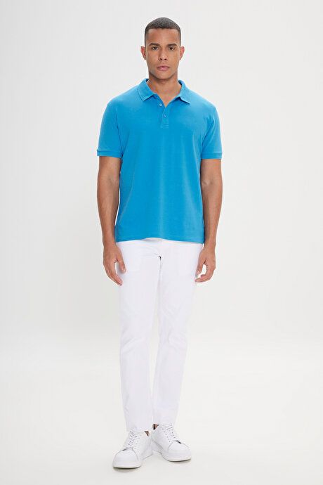 100% Cotton Untwistable Pique Polo Collar Slim Fit Turquoise T-Shirt 4A4820200001TRK