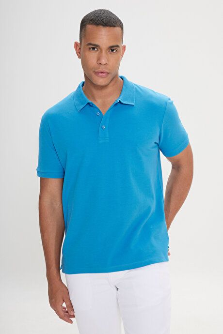 100% Cotton Untwistable Pique Polo Collar Slim Fit Turquoise T-Shirt 4A4820200001TRK