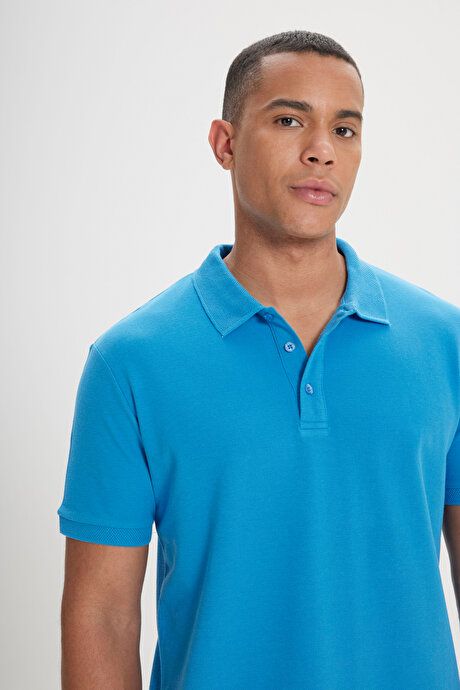 100% Cotton Untwistable Pique Polo Collar Slim Fit Turquoise T-Shirt 4A4820200001TRK