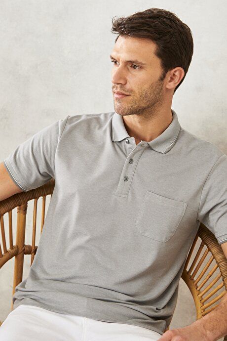 Regular Fit Wide Cut Polo Collar Pocket Gray T-Shirt 4A4820200004GRI