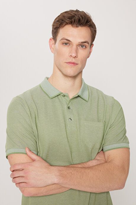 Regular Fit Wide Cut Polo Collar Green T-Shirt with Pockets 4A4820200004YSL