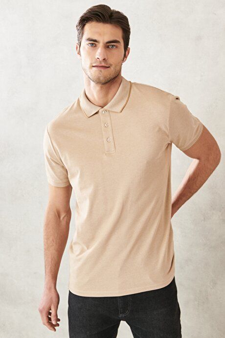 Slim Fit Slim Fit Slim Fit Untuckable Polo Collar Short Sleeve Light Beige-White T-Shirt 4A4820200047ABB