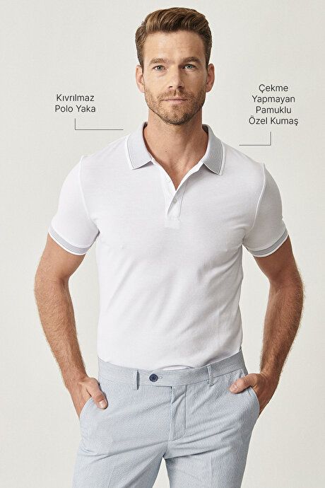 Slim Fit Slim Fit Slim Fit Untuckable Polo Collar Short Sleeve White T-Shirt 4A4820200047BYZ