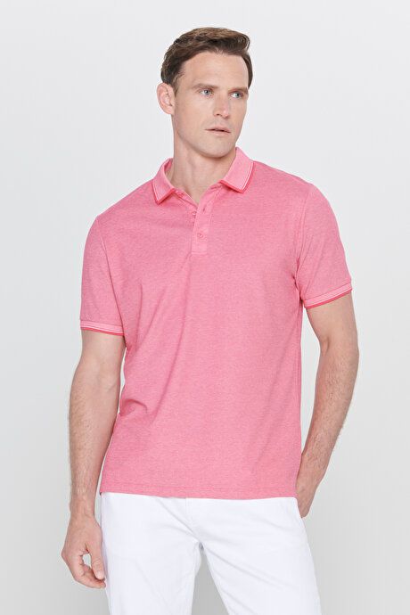 Slim Fit Slim Fit Slim Fit Untuckable Polo Collar Short Sleeve Fuchsia-White T-Shirt 4A4820200047FUB