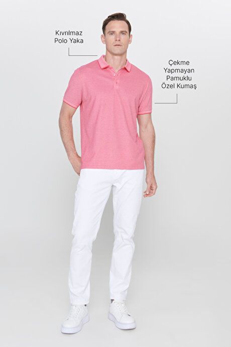 Slim Fit Slim Fit Slim Fit Untuckable Polo Collar Short Sleeve Fuchsia-White T-Shirt 4A4820200047FUB