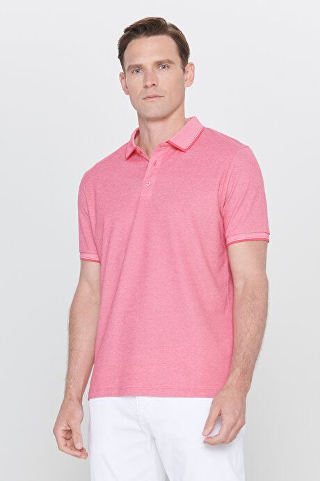 Slim Fit Slim Fit Slim Fit Untuckable Polo Collar Short Sleeve Fuchsia-White T-Shirt 4A4820200047FUB