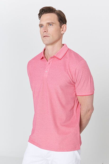 Slim Fit Slim Fit Slim Fit Untuckable Polo Collar Short Sleeve Fuchsia-White T-Shirt 4A4820200047FUB