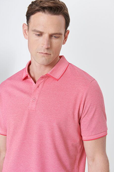 Slim Fit Slim Fit Slim Fit Untuckable Polo Collar Short Sleeve Fuchsia-White T-Shirt 4A4820200047FUB