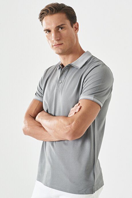 Slim Fit Slim Fit Slim Fit Untuckable Polo Collar Short Sleeve Gray-Gray T-Shirt 4A4820200047GRG