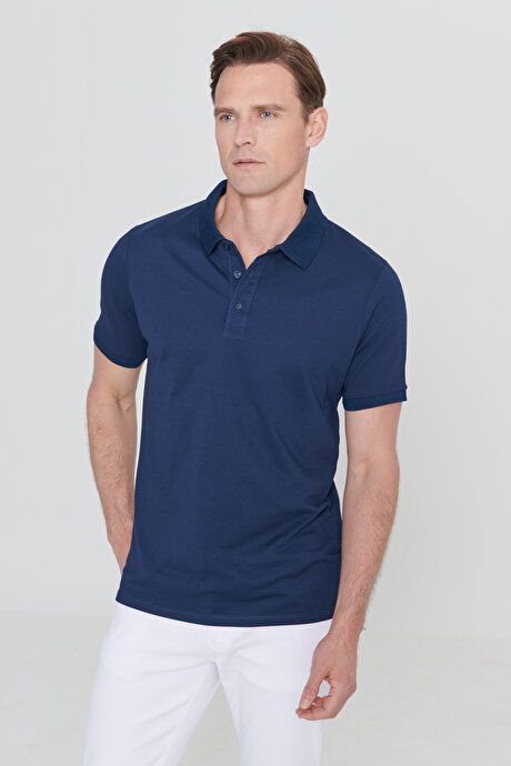 Slim Fit Slim Fit Slim Fit Untuckable Polo Collar Short Sleeve Navy Blue T-Shirt 4A4820200047LAA