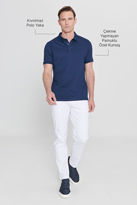 Slim Fit Slim Fit Slim Fit Untuckable Polo Collar Short Sleeve Navy Blue T-Shirt 4A4820200047LAA