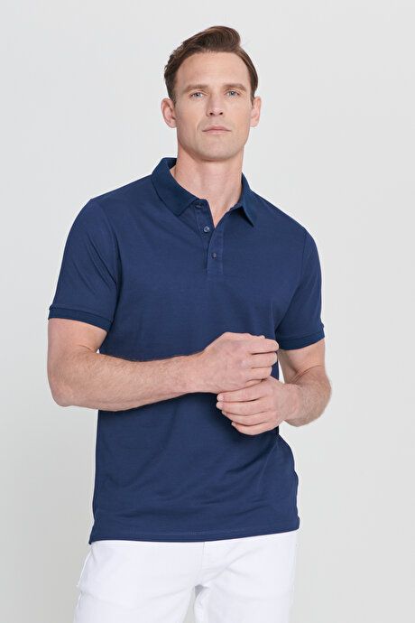 Slim Fit Slim Fit Slim Fit Untuckable Polo Collar Short Sleeve Navy Blue T-Shirt 4A4820200047LAA