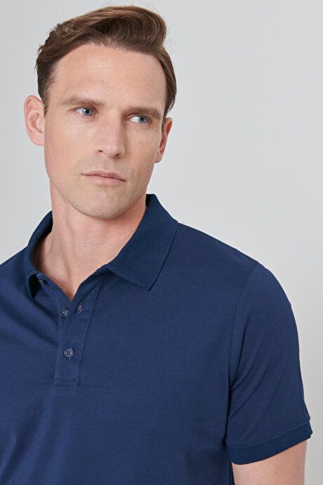 Slim Fit Slim Fit Slim Fit Untuckable Polo Collar Short Sleeve Navy Blue T-Shirt 4A4820200047LAA