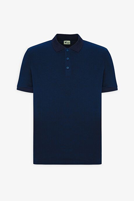 Slim Fit Slim Fit Slim Fit Untuckable Polo Collar Short Sleeve Navy Blue T-Shirt 4A4820200047LAA