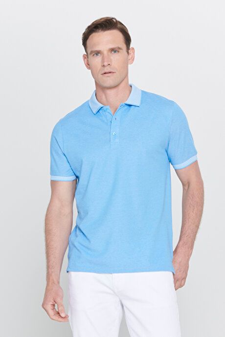 Slim Fit Slim Fit Slim Fit Untuckable Polo Collar Short Sleeve Blue T-Shirt 4A4820200047MAV