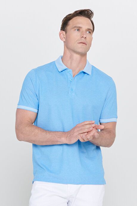 Slim Fit Slim Fit Slim Fit Untuckable Polo Collar Short Sleeve Blue T-Shirt 4A4820200047MAV