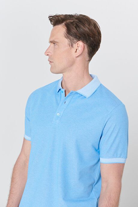 Slim Fit Slim Fit Slim Fit Untuckable Polo Collar Short Sleeve Blue T-Shirt 4A4820200047MAV