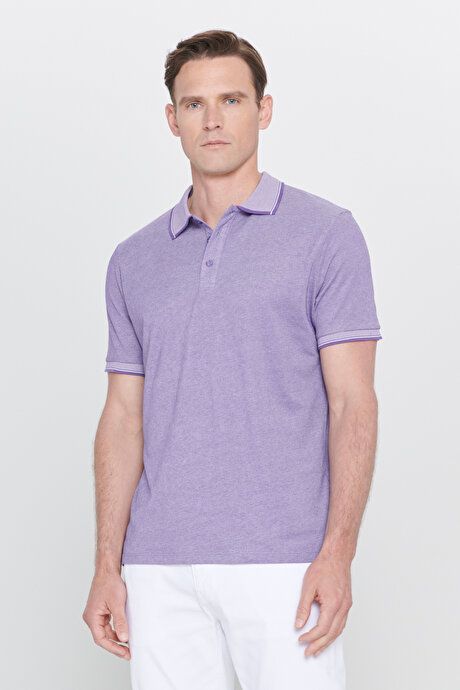 Slim Fit Slim Fit Untuckable Polo Collar Short Sleeve Purple-White T-Shirt 4A4820200047MBY