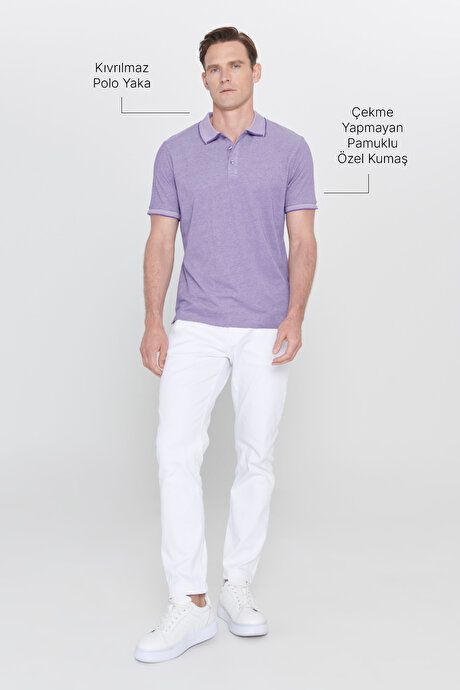 Slim Fit Slim Fit Untuckable Polo Collar Short Sleeve Purple-White T-Shirt 4A4820200047MBY