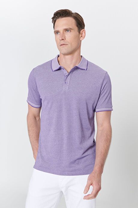 Slim Fit Slim Fit Untuckable Polo Collar Short Sleeve Purple-White T-Shirt 4A4820200047MBY